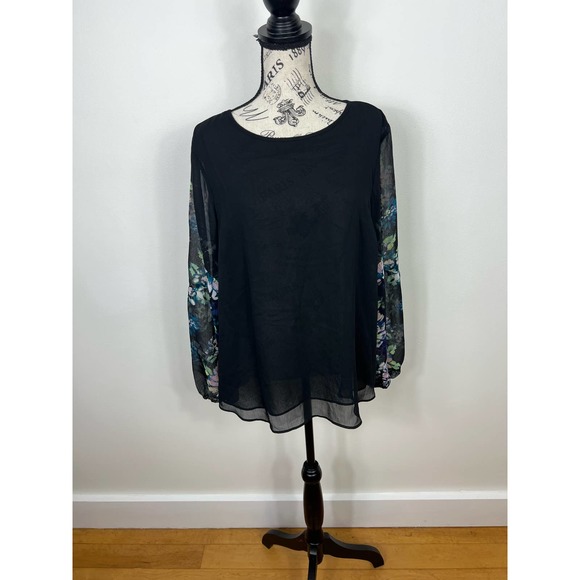 Apt. 9 Black flowy floral semi sheer long sleeve blouse with keyhole back - Picture 1 of 9